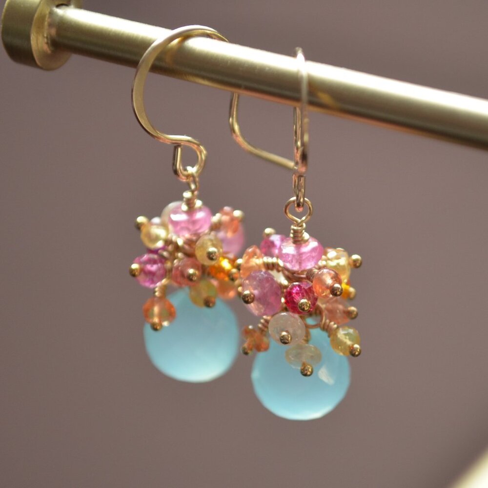 Aqua Chalcedony Earrings with Orange and Yellow Sapphires